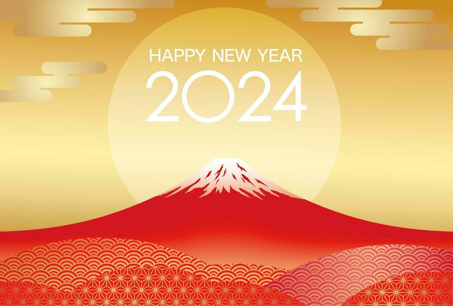 de jaar 2024 nieuw jaren groet kaart vector sjabloon met rood mt. fuji en de stijgende lijn zon Aan een goud achtergrond.