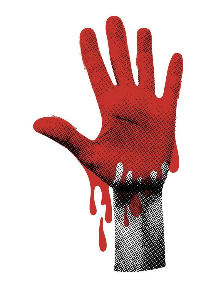 hand- met druipend bloed halftone collage vector illustratie