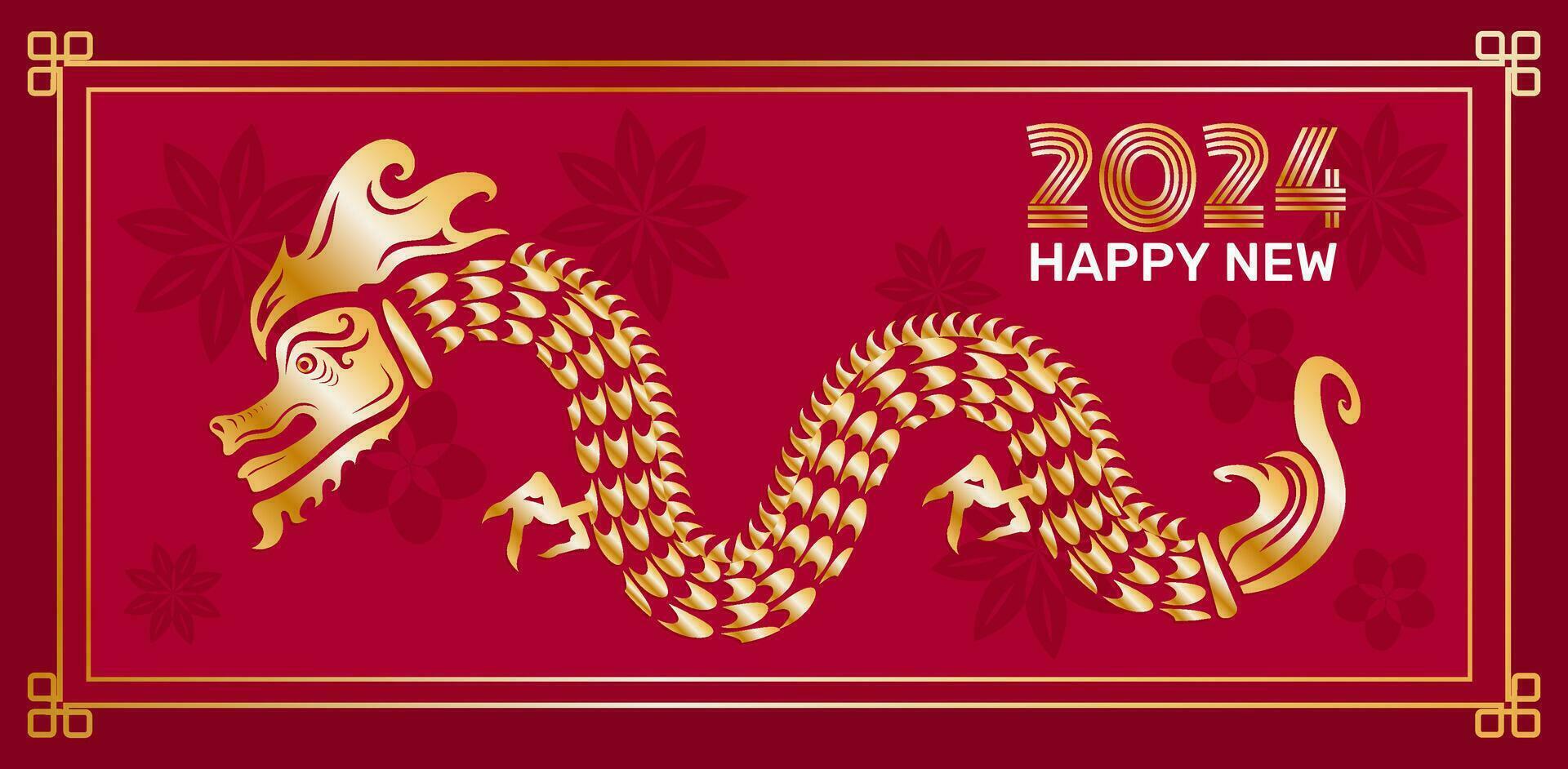 Chinese nieuw jaar 2024 ansichtkaart, groet, uitnodiging, jaar van een draak kaart met gouden getallen en tekening van een Chinese draak, vector spandoek.