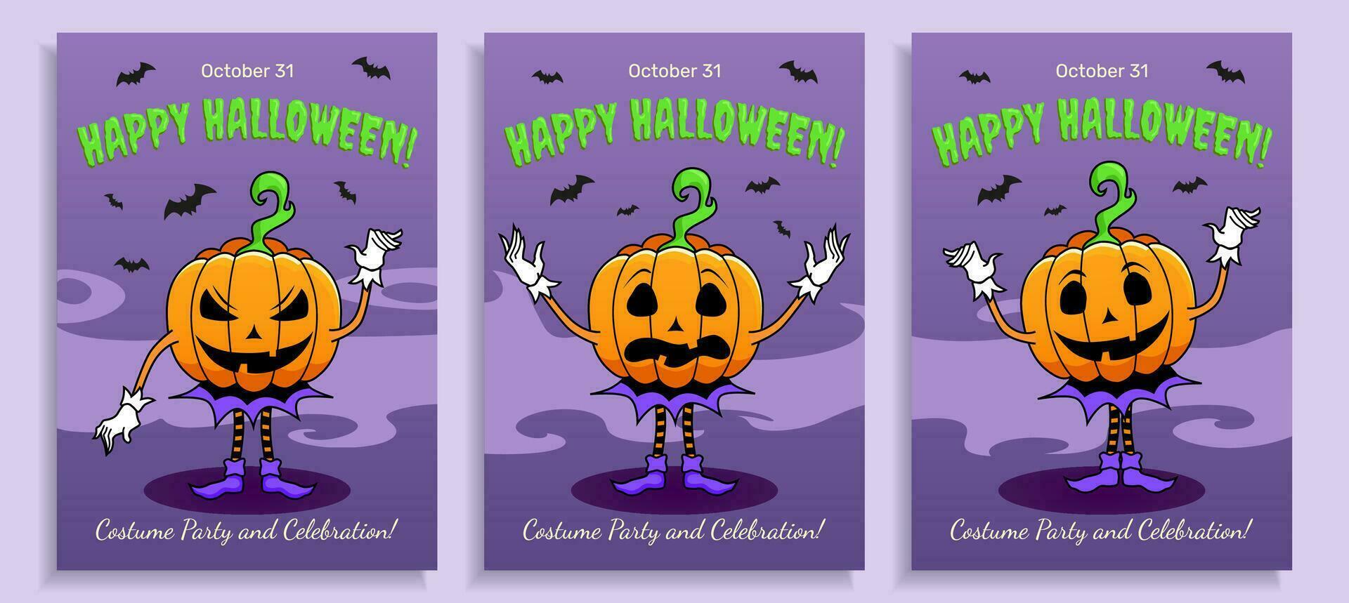 drie halloween posters met pompoen karakter, halloween partij uitnodiging, groet, allemaal heiligen dag vakantie vector