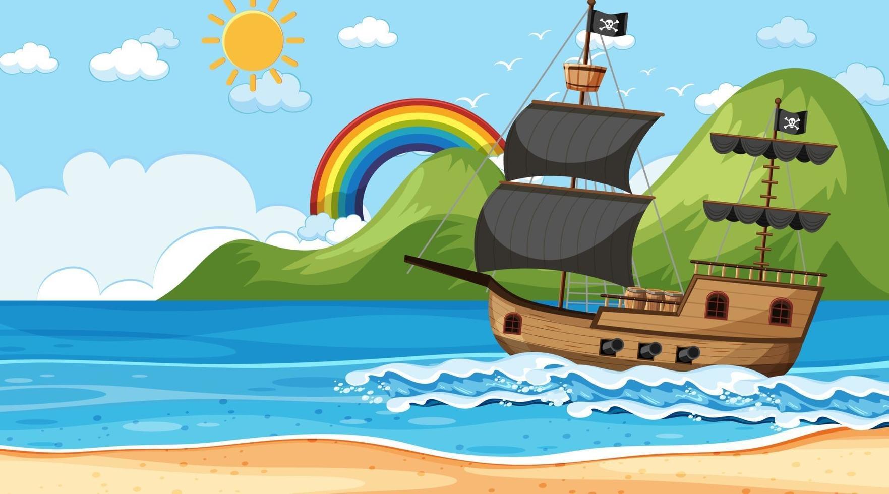 oceaan met piratenschip op dagtijdscène in cartoonstijl vector