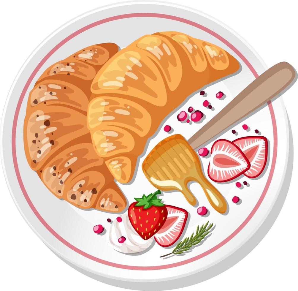 Croissant met aardbei en roombovenste laagje op een geïsoleerd bord vector