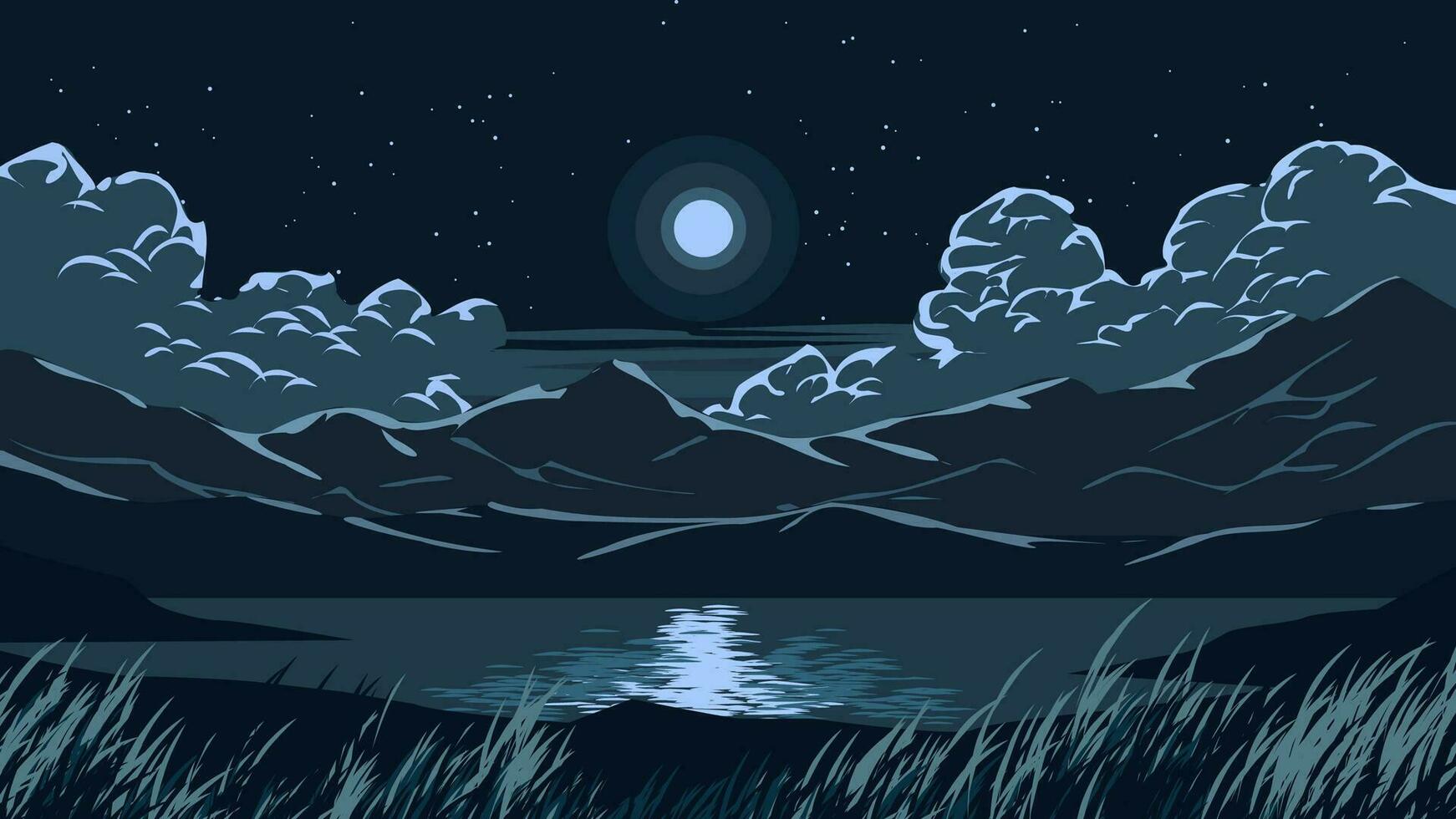 vector illustratie van nacht landschap met meer en bergen