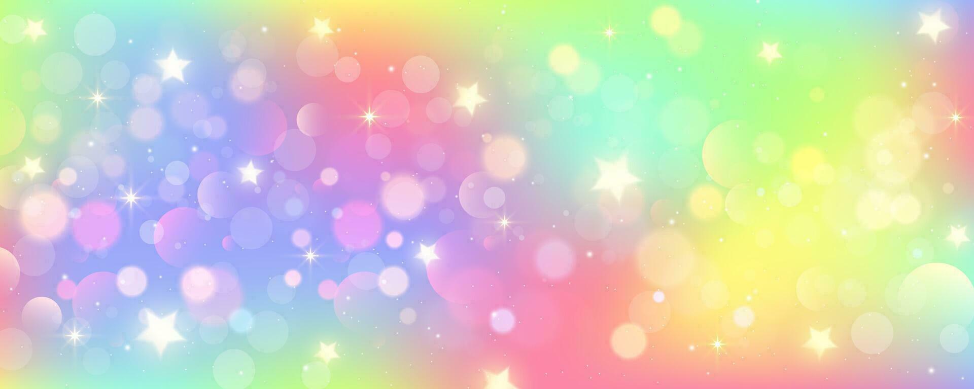 regenboog eenhoorn achtergrond. pastel roze kleur lucht met sterren. holografische fantasie afdrukken met bokeh. vector behang voor prinses meisje ontwerp.