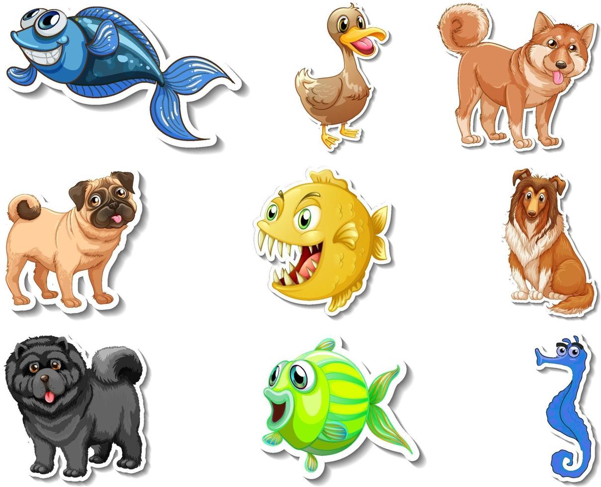 set stickers met zeedieren en honden stripfiguur dogs vector