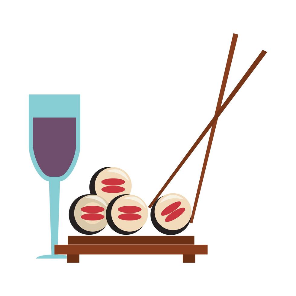 restaurant eten en keuken sushi met eetstokje en glas met wijn pictogram cartoons vector illustratie grafisch ontwerp