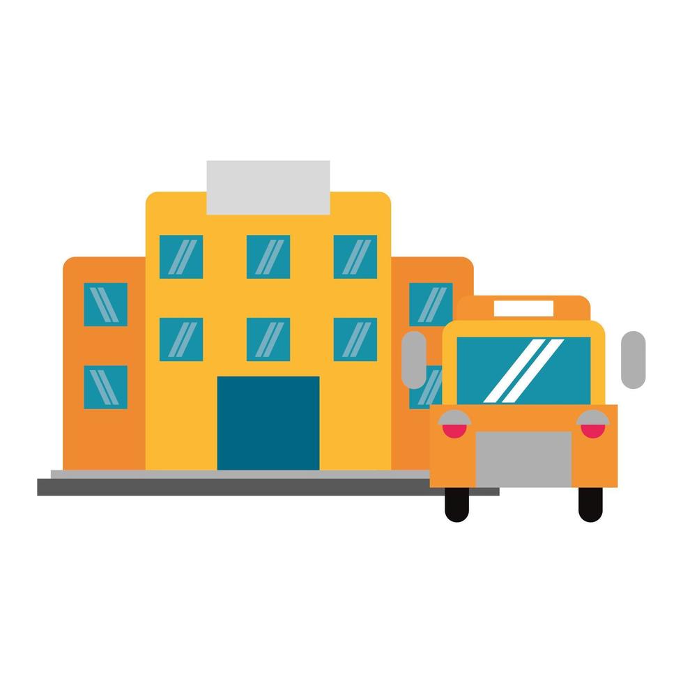 gebouw en schoolbus pictogram cartoon vector illustratie grafisch ontwerp