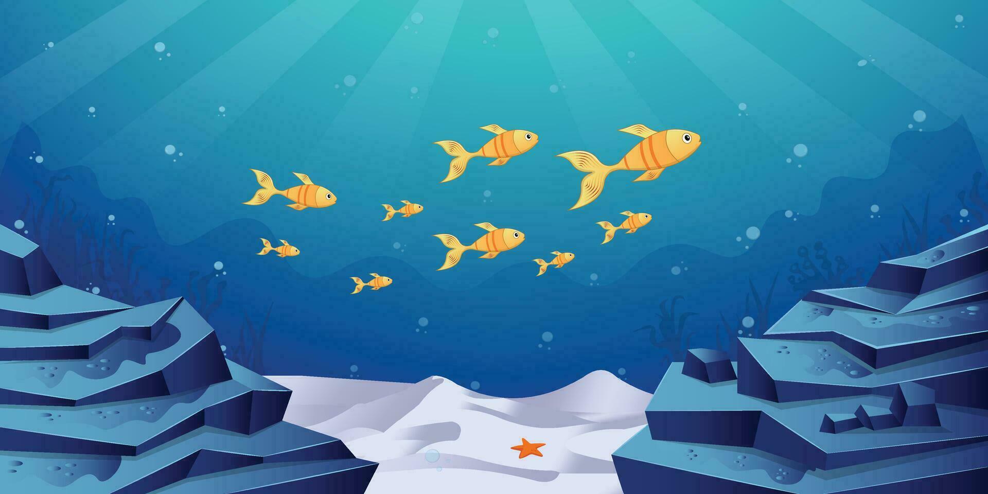 diep oceaan met goudvissen, sterren, sneeuw grond water bubbels vector illustratie
