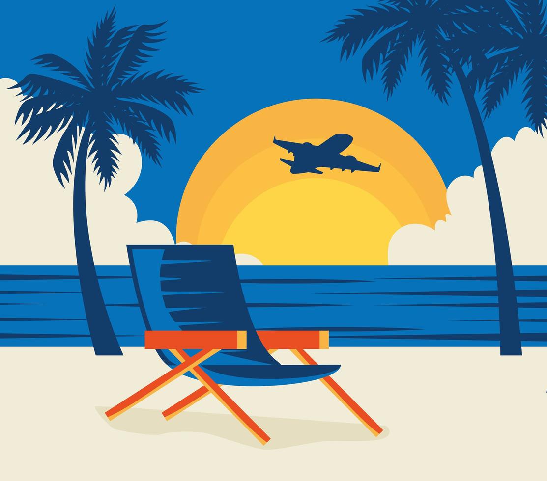 reisposter met stoel in strandlandschap vector