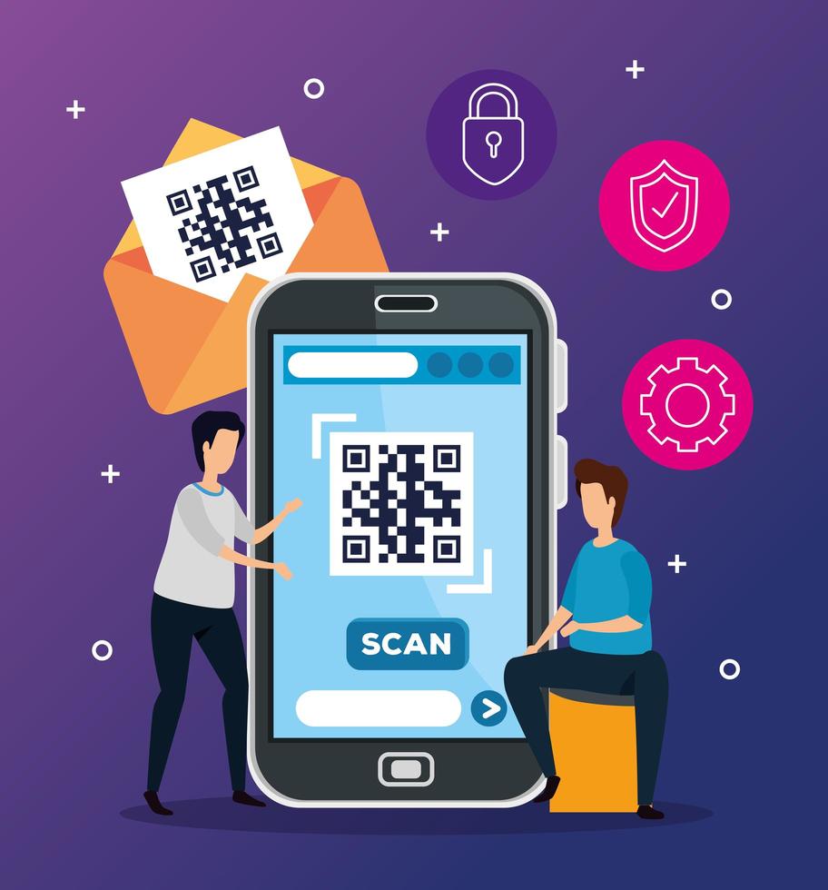 code qr in smartphone met zakenlieden en pictogrammen vector