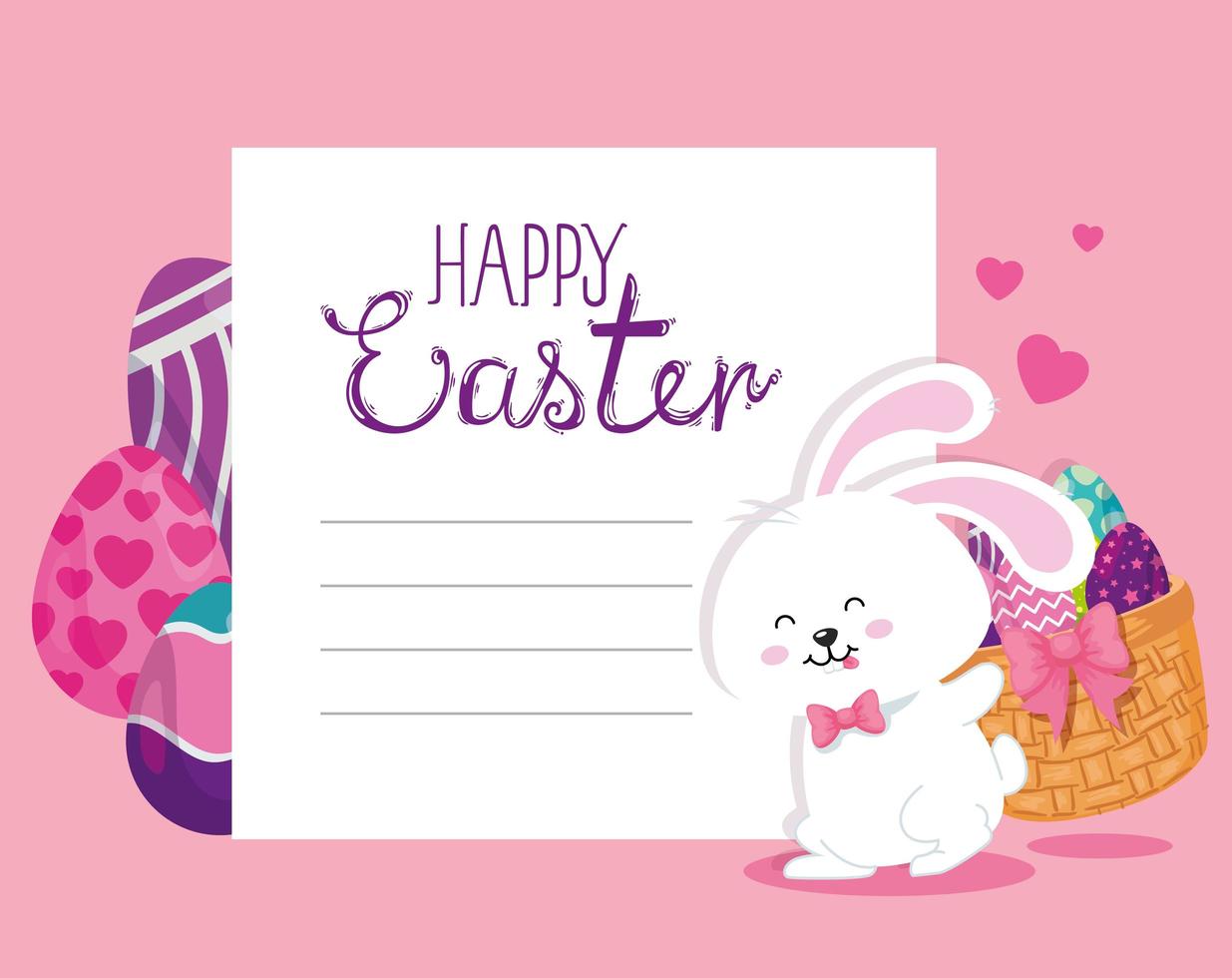 vrolijke paaskaart met konijn en eieren versierd vector