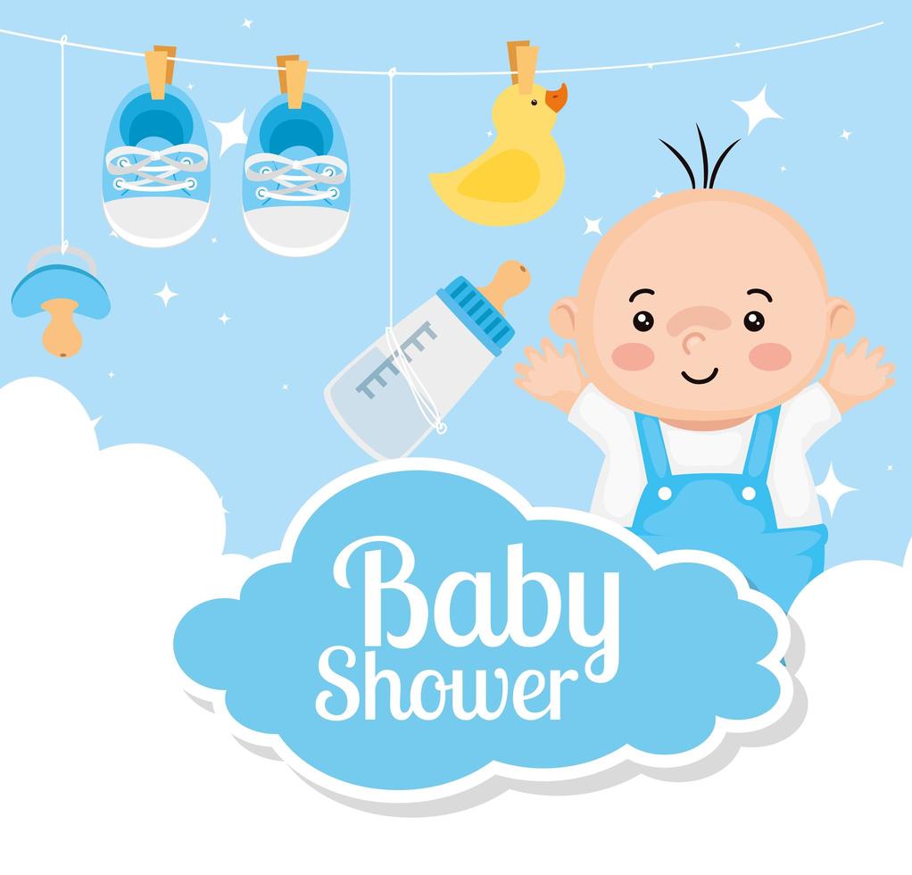 babyshowerkaart met babyjongen en decoratie vector