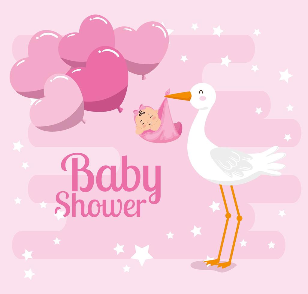 babyshowerkaart met schattige ooievaar en decoratie vector