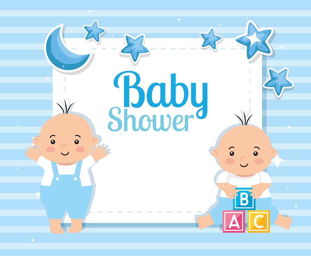 babyshowerkaart met kleine jongens en decoratie vector