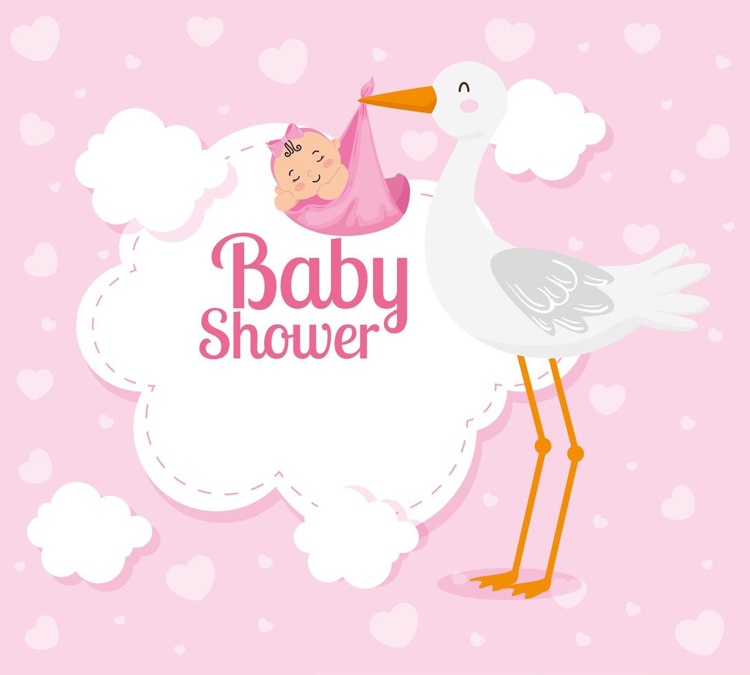 babyshowerkaart met schattige ooievaar en decoratie vector