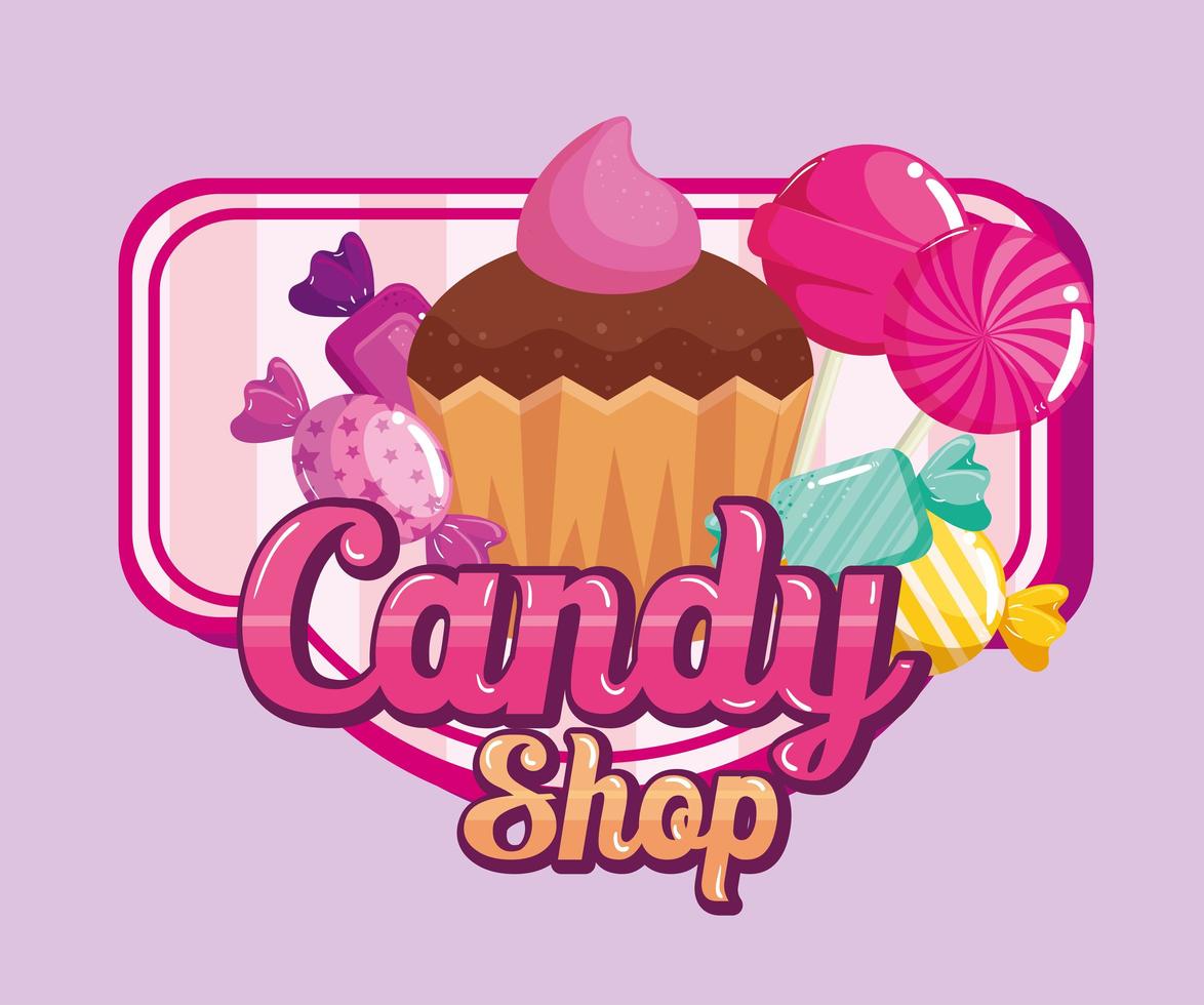 poster van snoepwinkel met cupcake en snoepjes vector