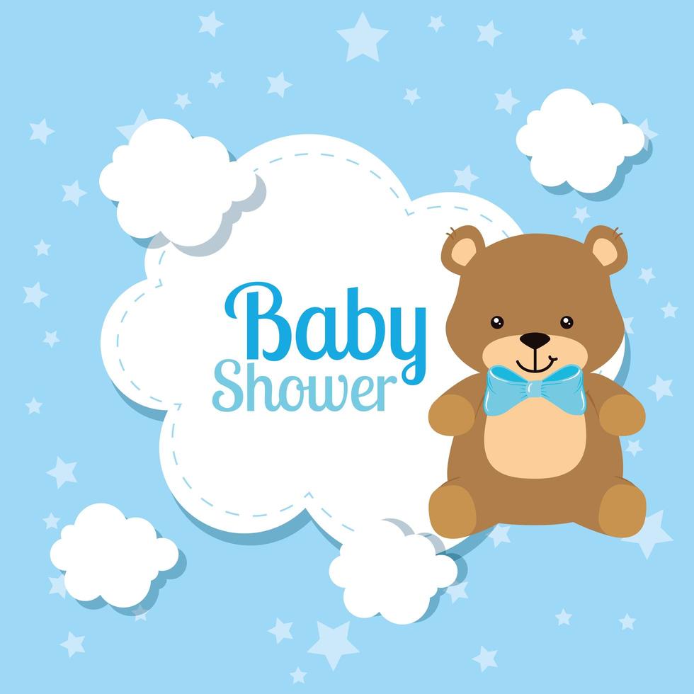 babyshowerkaart met schattige beer en wolken vector