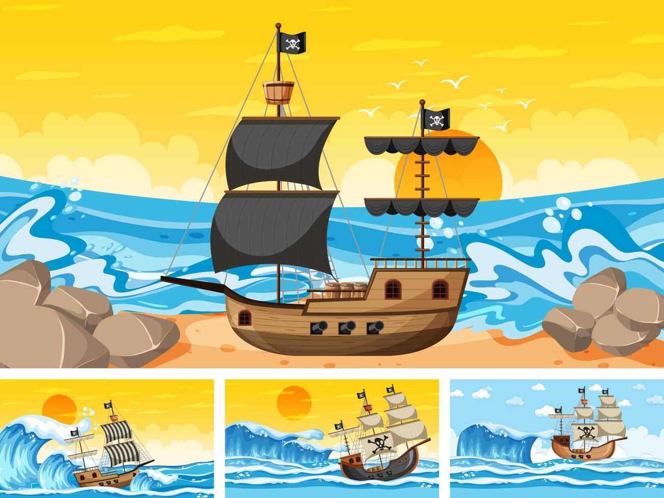 set oceaanscènes op verschillende tijdstippen met piratenschip in cartoon-stijl vector