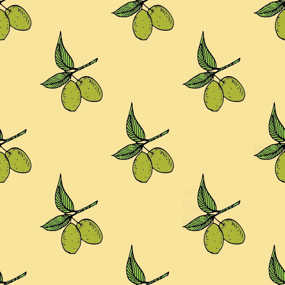 olijftak naadloze patroon. natuurlijk ontwerp als achtergrond met olijven voor olijfolie of schoonheidsmiddelenproducten, vectorillustratie vector