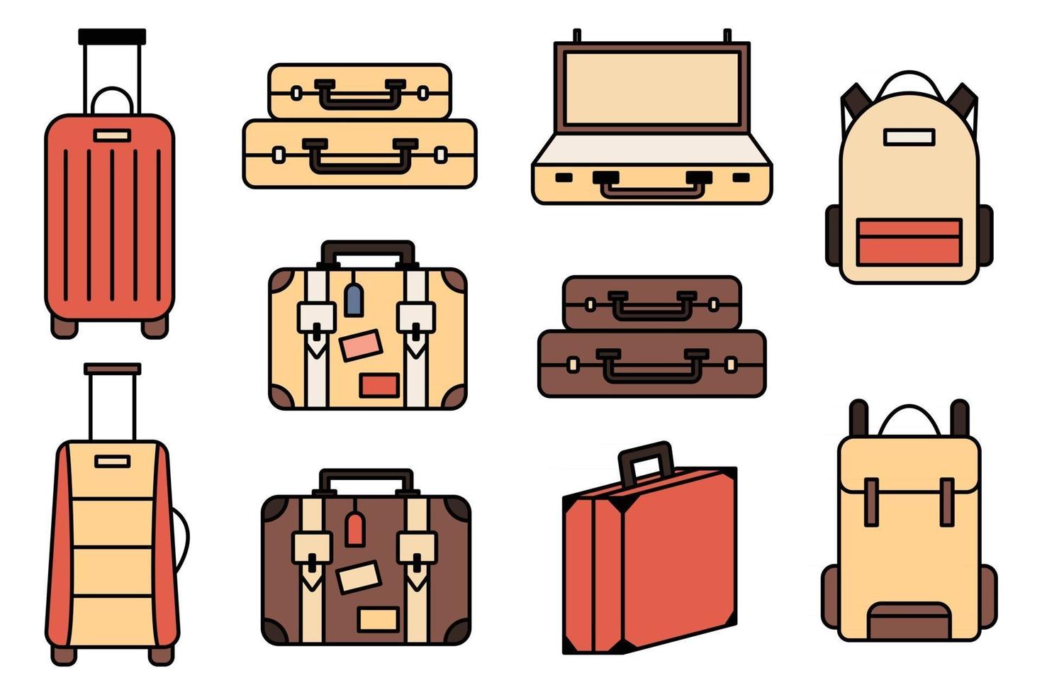 bagage iconen set en collectie. rugzak, handtas, koffer, aktetas, messenger bag, trolley, reistas. dunne lijn pictogrammen. bewerkbaar lijnpictogram. vectorillustratie. vector