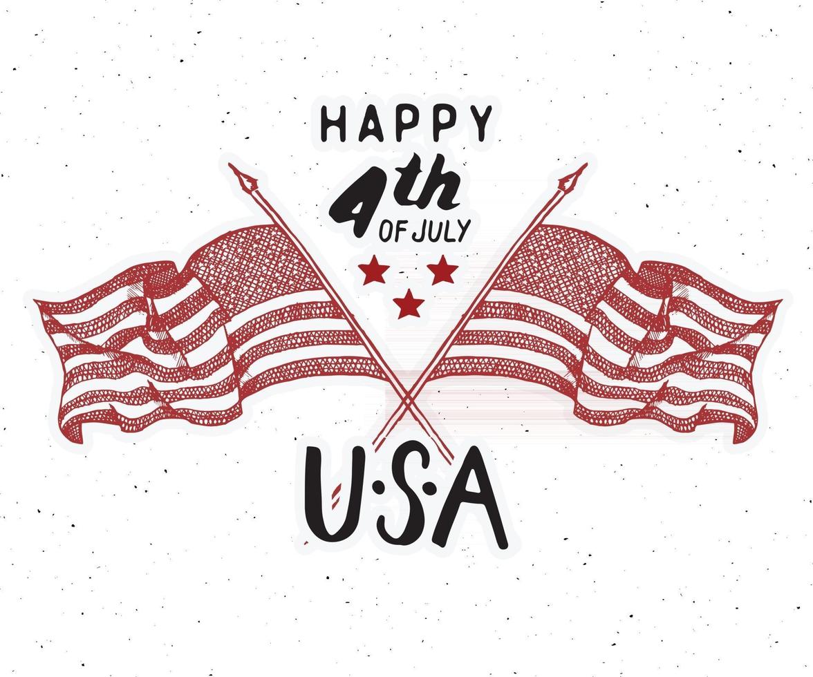 gelukkige dag van de onafhankelijkheidsdag vintage vs wenskaart, viering van de Verenigde Staten van Amerika. hand belettering, Amerikaanse vakantie grunge getextureerde retro ontwerp vectorillustratie. vector