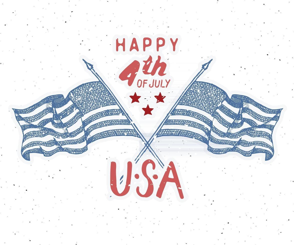 gelukkige dag van de onafhankelijkheidsdag vintage vs wenskaart, viering van de Verenigde Staten van Amerika. hand belettering, Amerikaanse vakantie grunge getextureerde retro ontwerp vectorillustratie. vector