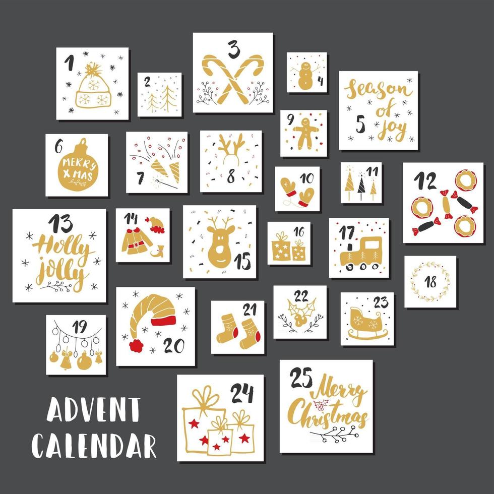 Kerst adventskalender. handgetekende elementen en cijfers. wintervakantie kalenderkaarten decorontwerp, vectorillustratie vector
