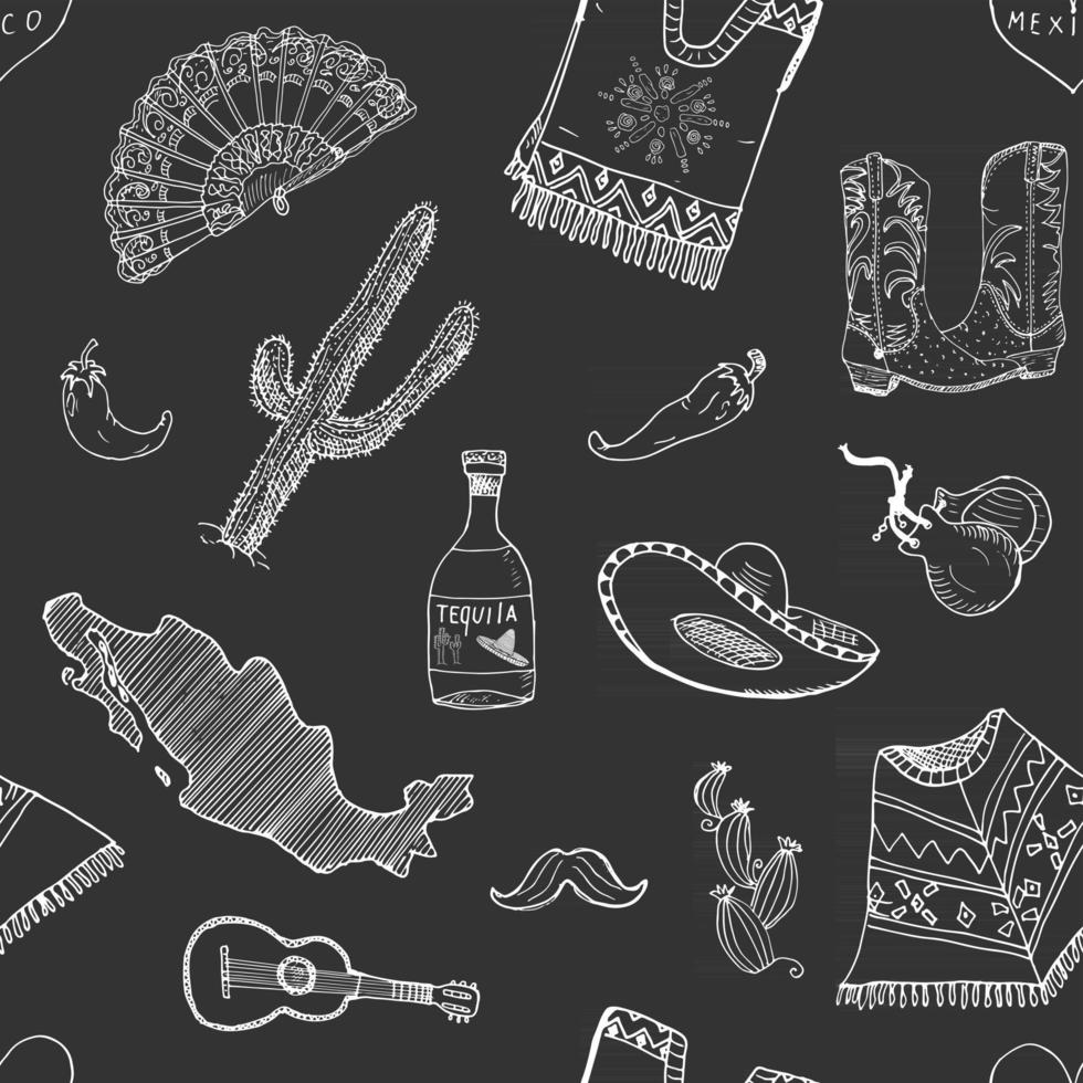 mexico naadloze patroon doodle elementen, hand getrokken schets silhouet mexicaanse traditionele sombrero hoed, laars, poncho, cactus en tequila fles, chilipepers, gitaar. vector afbeelding achtergrond