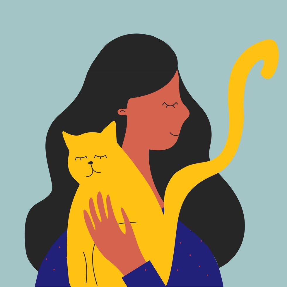 gelukkige vrouw die een kat knuffelt. dierenverzorging, kat, liefde platte vectorillustratie. huisdieren, ras, vriendschapsconcept voor banner, websiteontwerp of landingswebpagina. vector