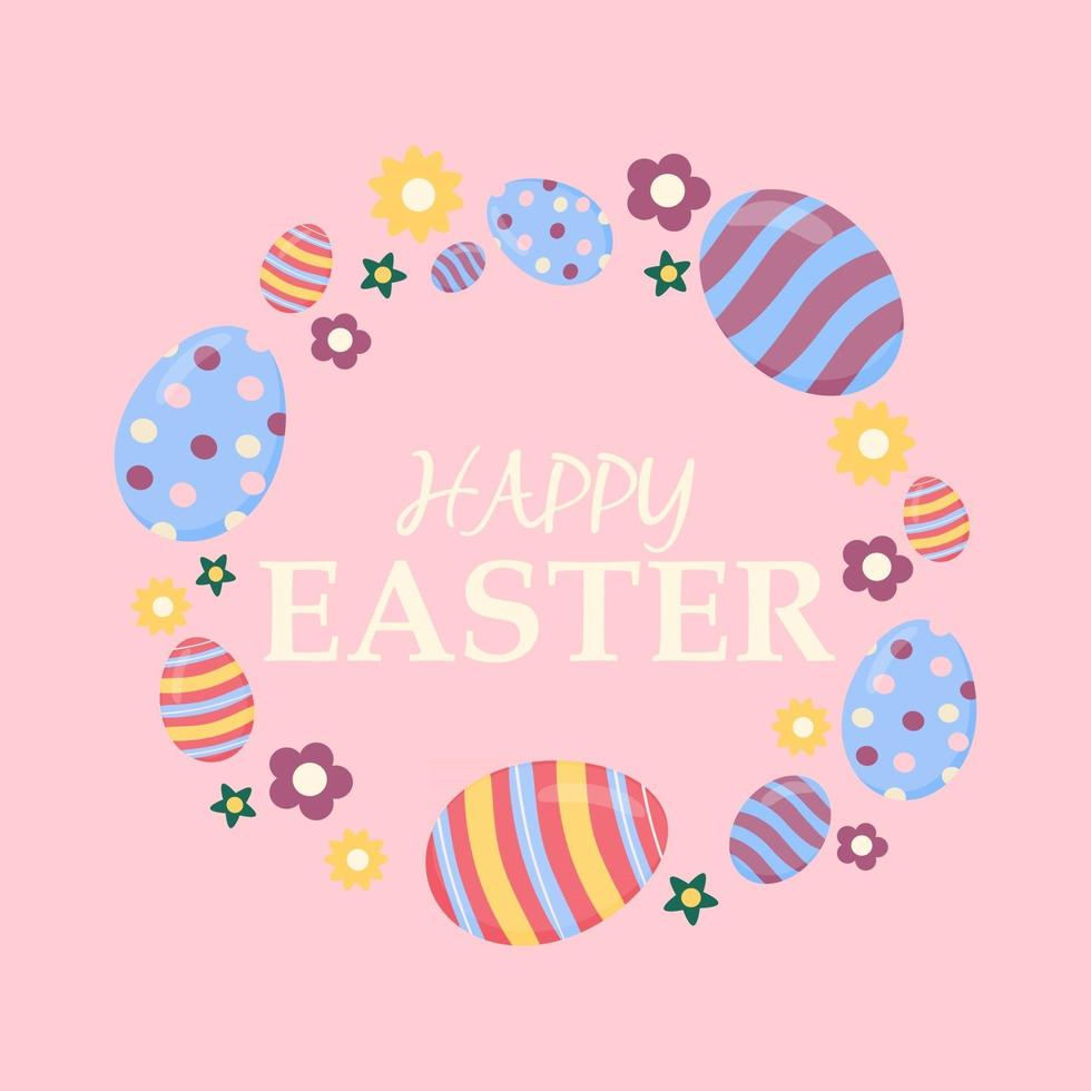 gelukkige paaskaart met eieren en tekst vectorillustraties op een roze background.easter eggs in de vorm van een krans kopie ruimte vector