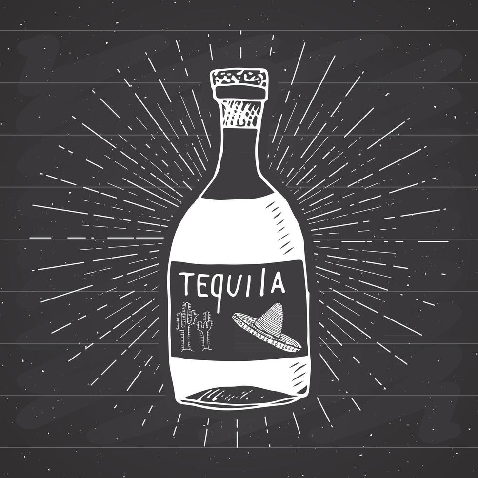 vintage label, hand getrokken fles tequila Mexicaanse traditionele alcoholische drank schets, grunge getextureerde retro badge, embleem ontwerp, typografie t-shirt print, vector illustratie