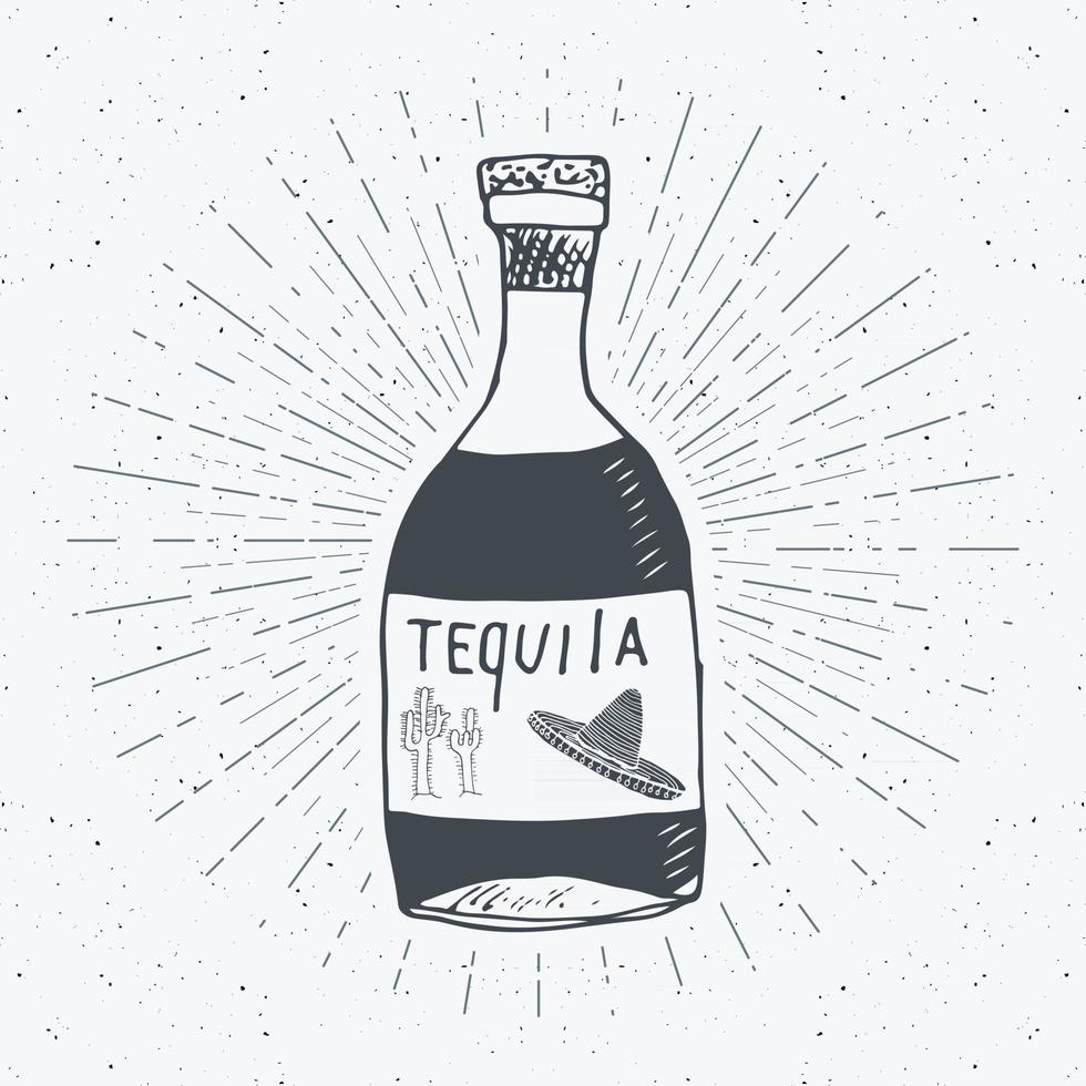 vintage label, hand getrokken fles tequila Mexicaanse traditionele alcoholische drank schets, grunge getextureerde retro badge, embleem ontwerp, typografie t-shirt print, vector illustratie