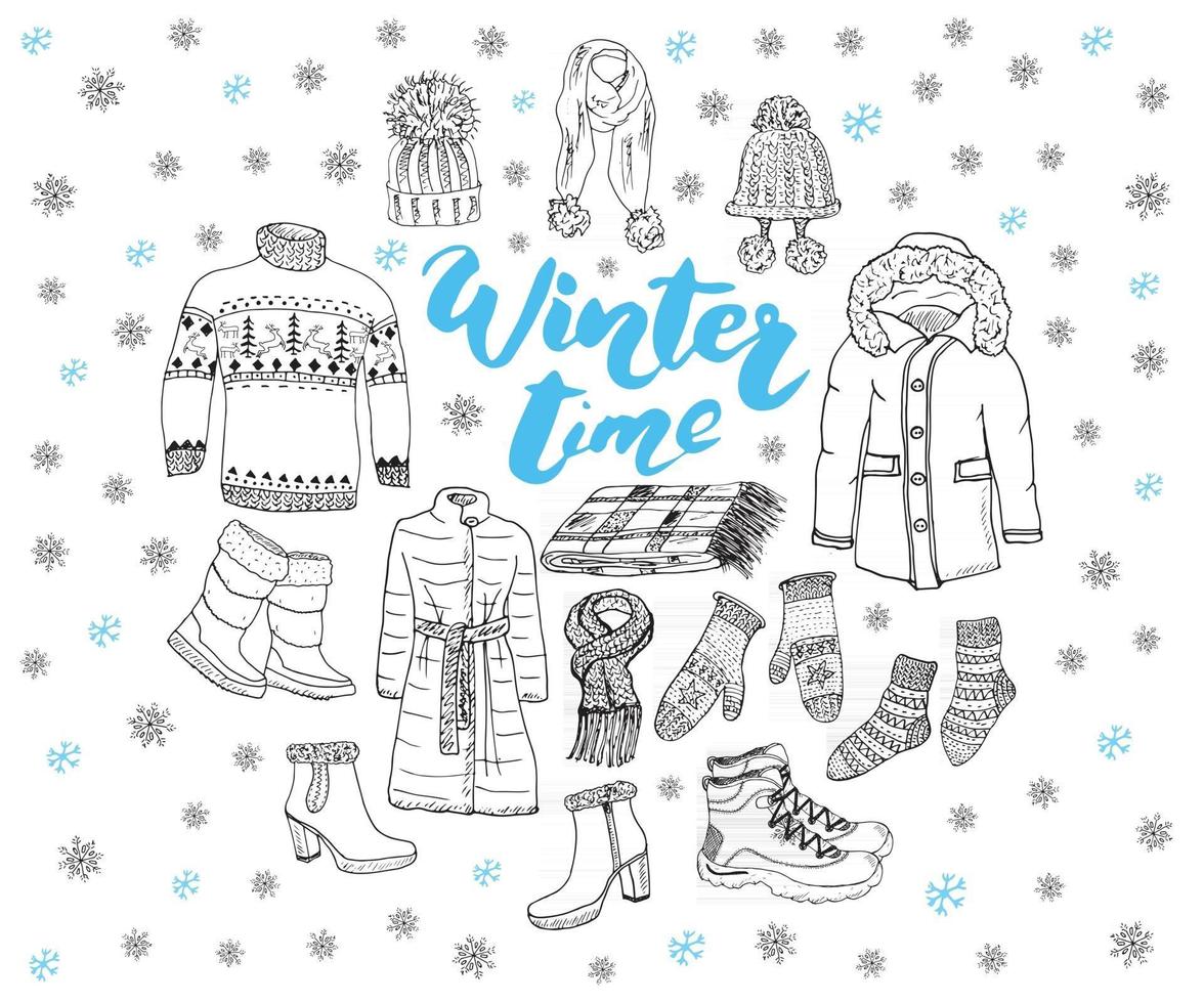 winterseizoen set doodle elementen. hand getrokken schets collectie. vectorillustratie. vector