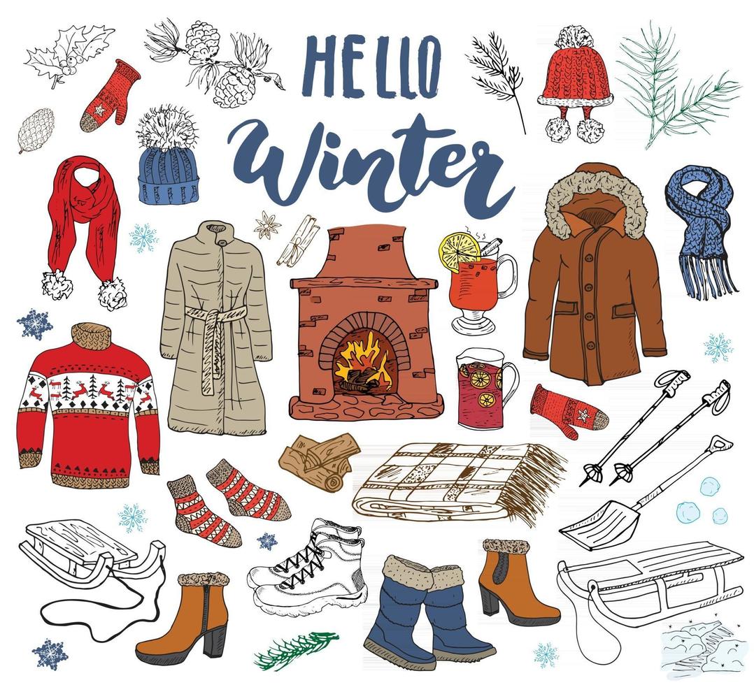 winterseizoen set doodle elementen. hand getrokken schets collectie. vectorillustratie. vector