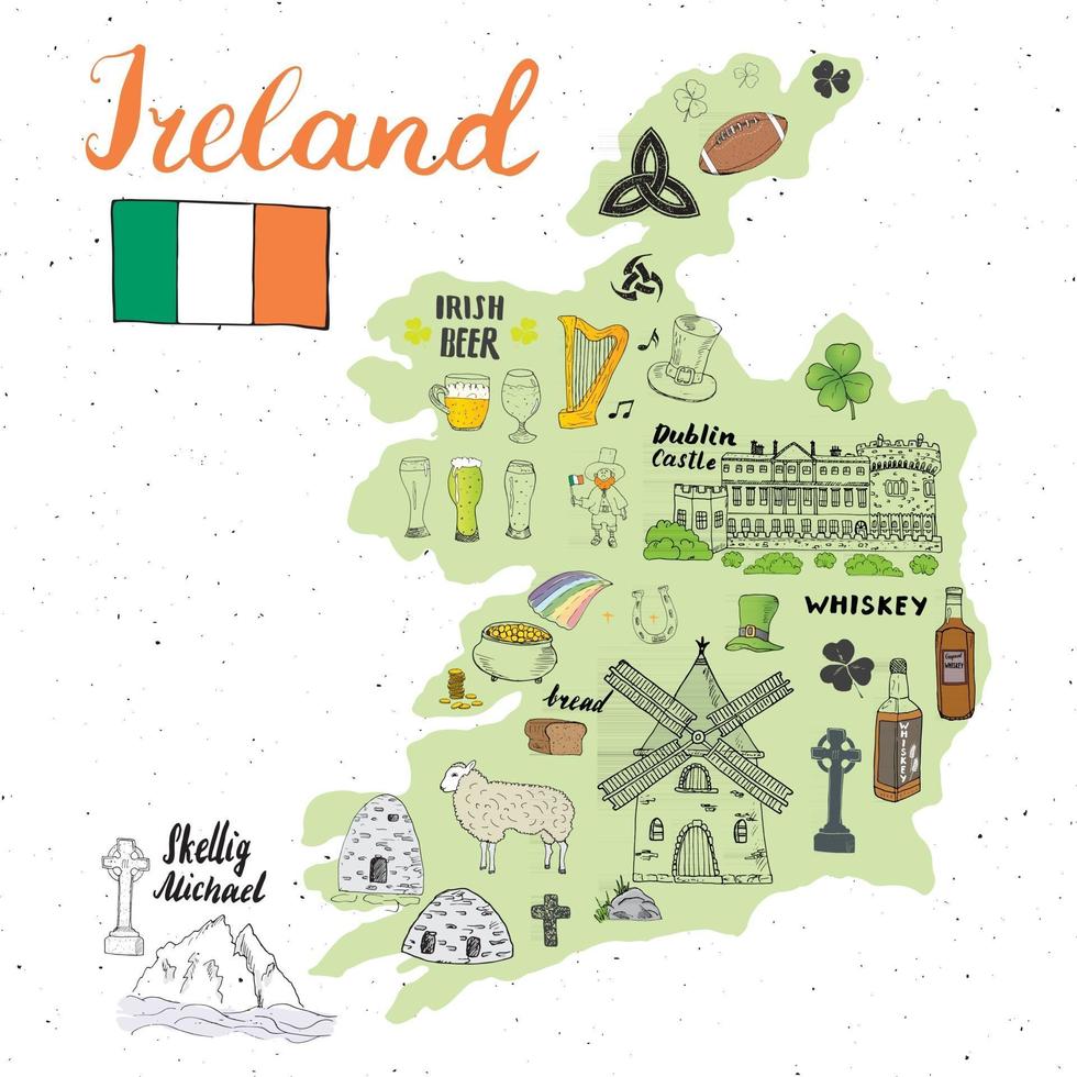 ierland schets doodles. hand getrokken Ierse elementen instellen met vlag en kaart van Ierland, Keltisch kruis, kasteel, klaver, Keltische harp, molen en schapen, whiskyflessen en Iers bier, vectorillustratie vector