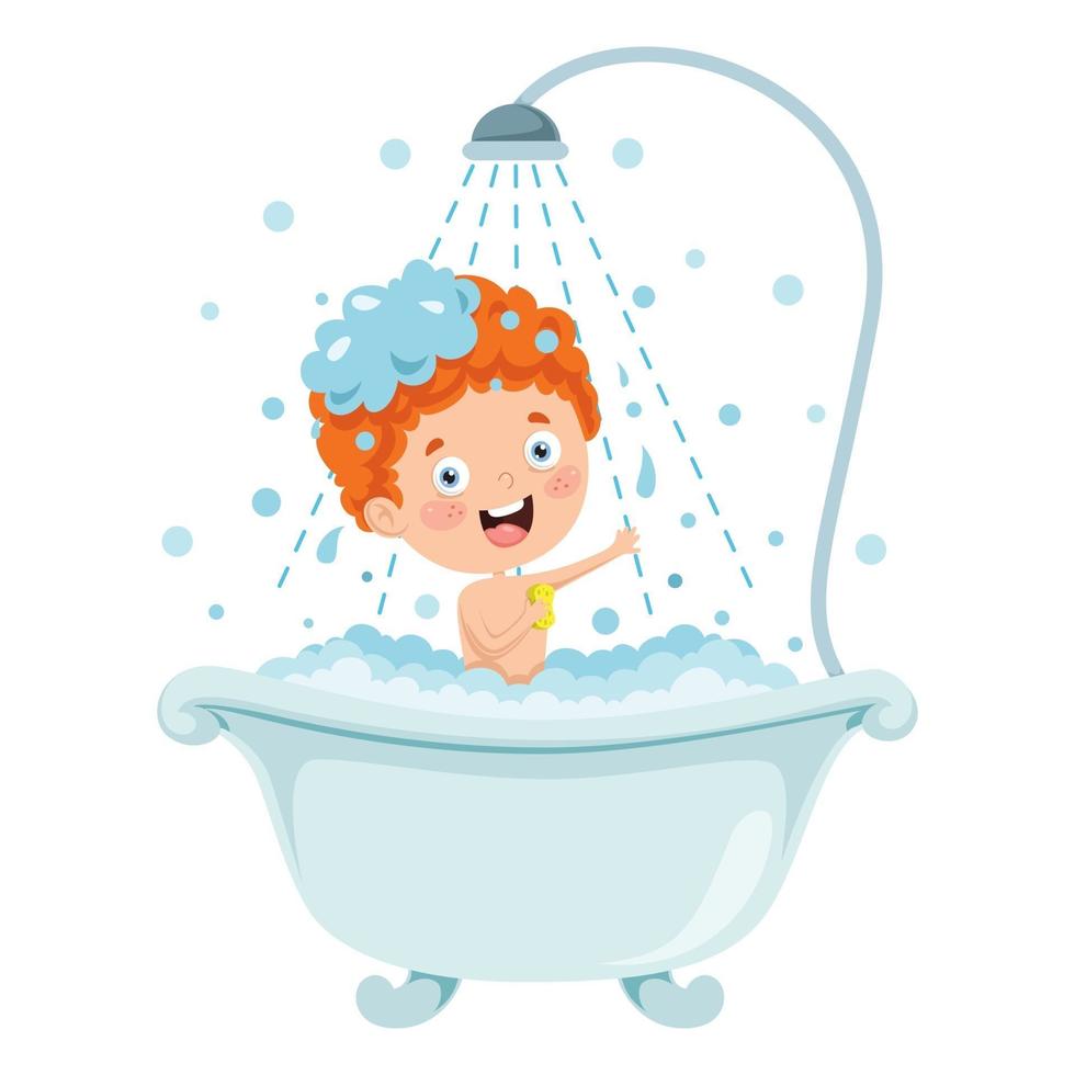 grappig klein kind dat in bad gaat vector