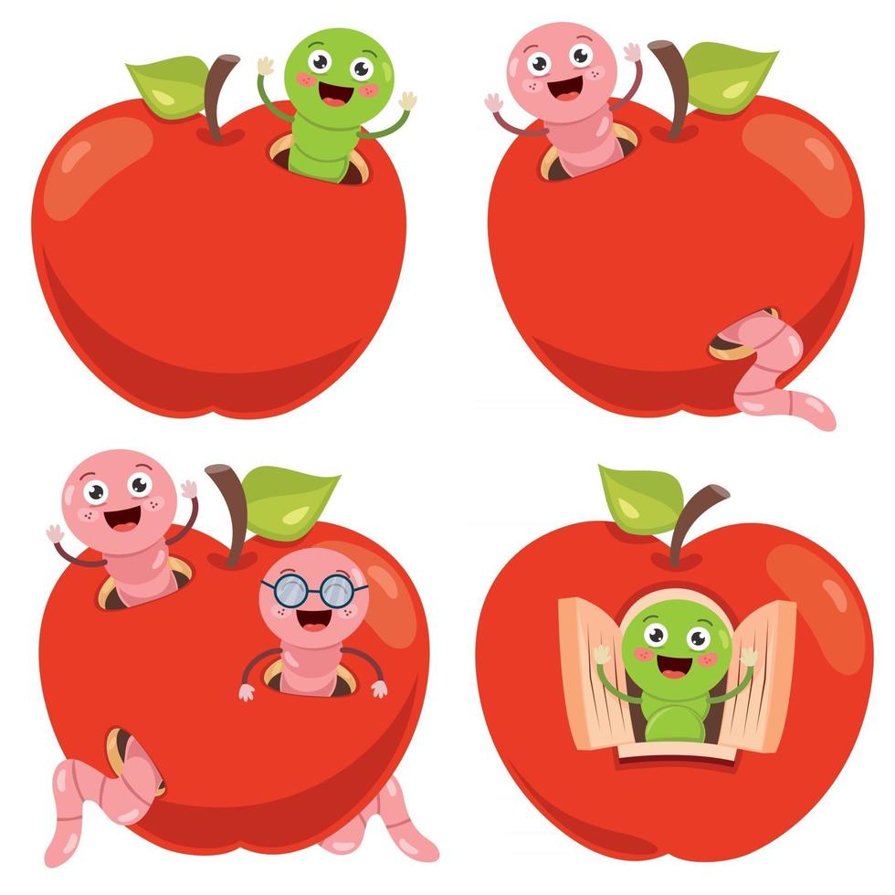 rode appel en tekenfilmworm vector