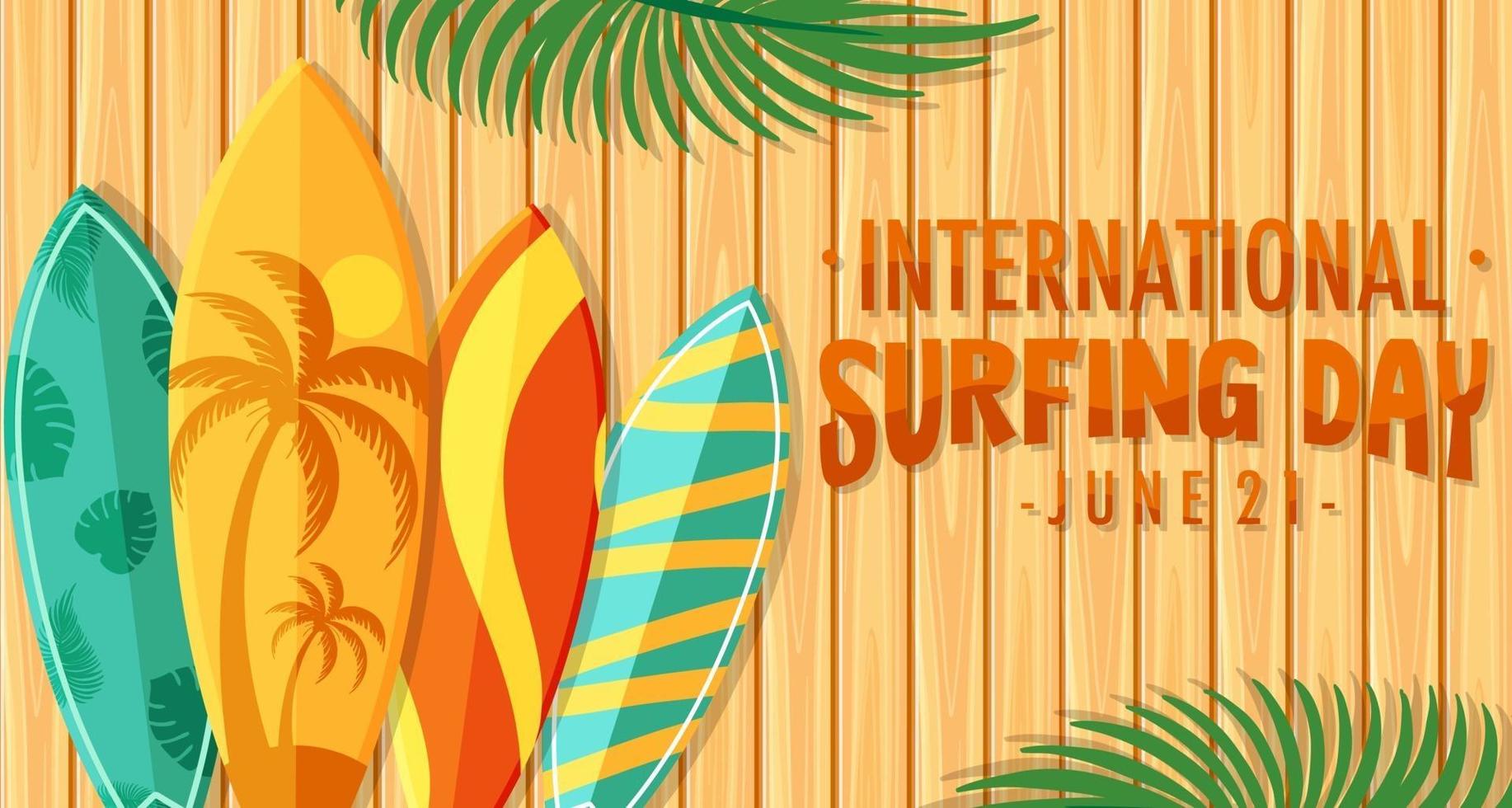 internationale surfdag lettertype met veel surfplanken op houten achtergrond vector