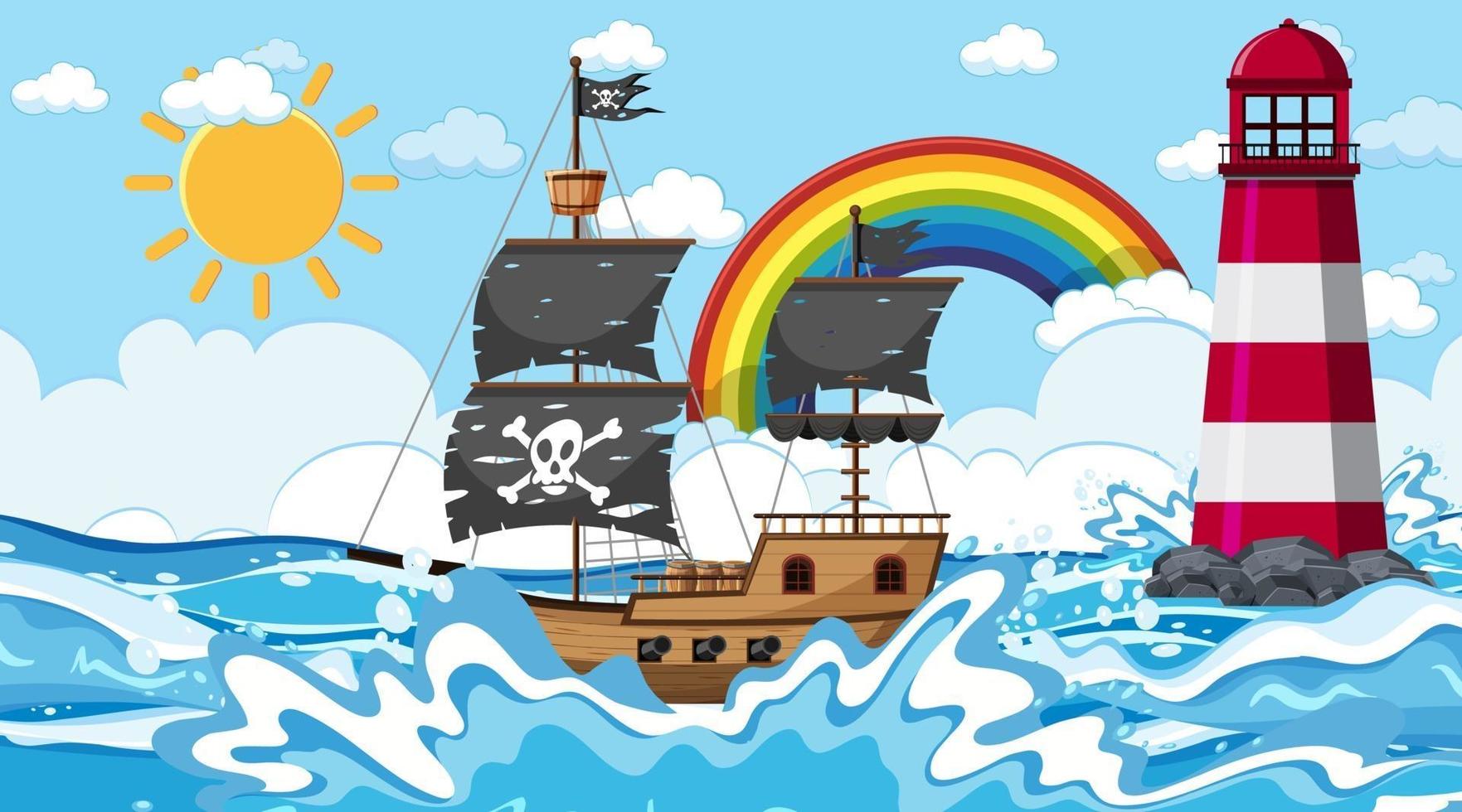 oceaan met piratenschip op dagtijdscène in cartoonstijl vector