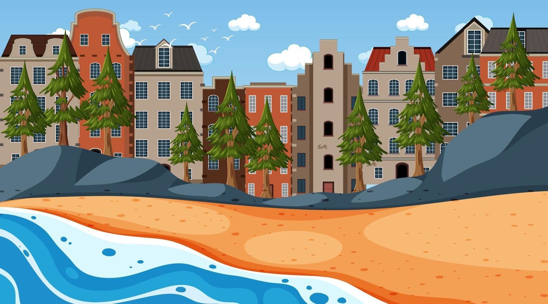 strandscène met stadsgezicht achtergrond vector