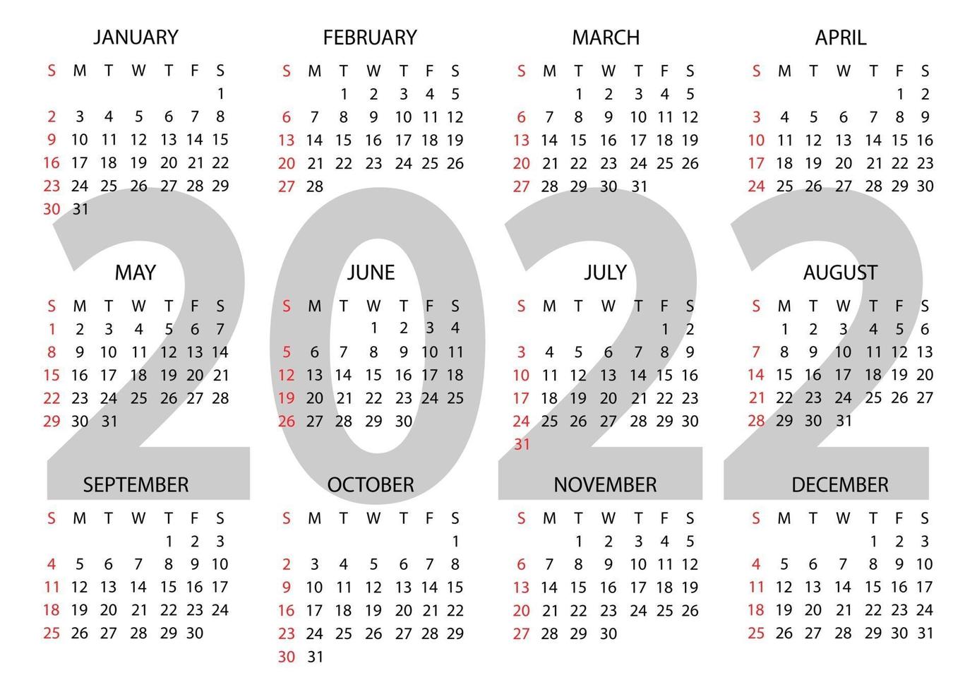 kalender 2022 jaar. de week begint op zondag. jaarlijkse horizontale kalender 2022 sjabloon. kalenderontwerp in zwarte en witte kleuren, zondag in rode kleuren. vector