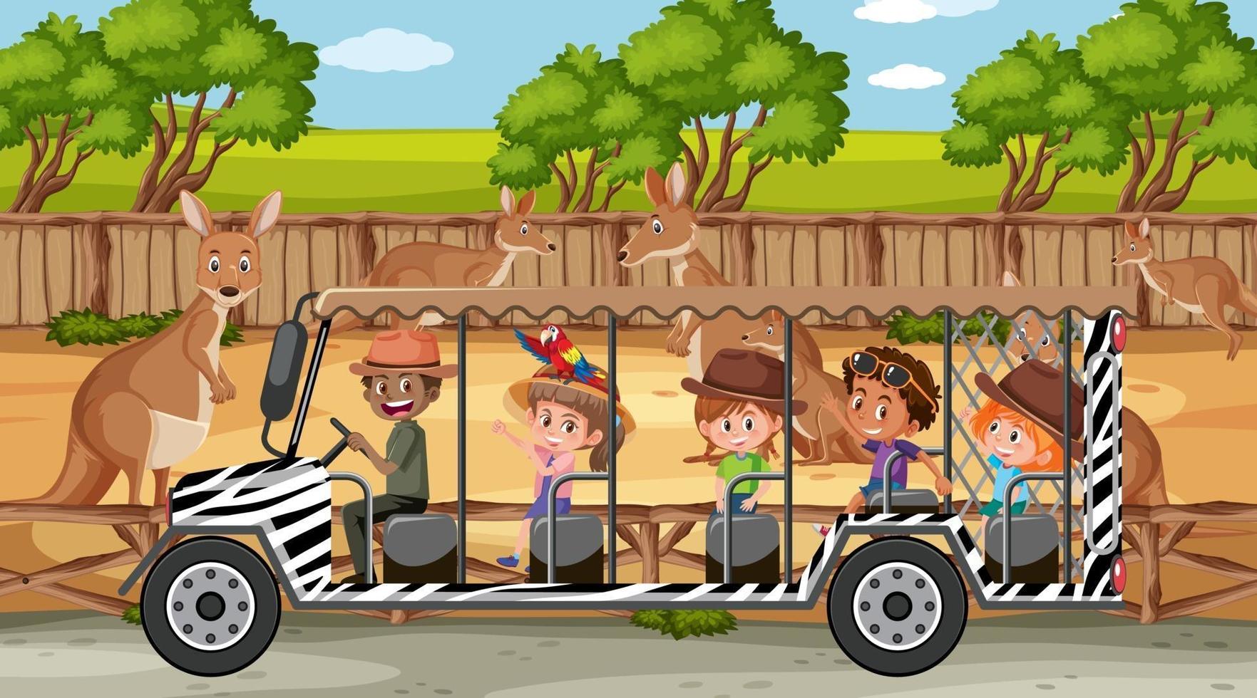 safari scène met kinderen op toeristenauto kijken naar kangoeroe groep vector