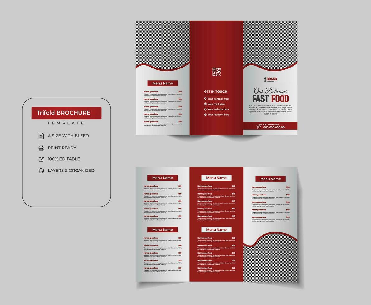 creatief restaurant voedsel onderhoud drievoud menu brochure ontwerp sjabloon vector