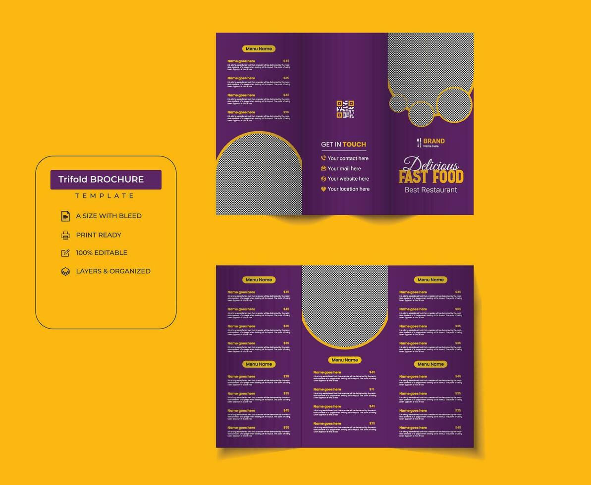 creatief restaurant voedsel onderhoud drievoud menu brochure ontwerp sjabloon vector
