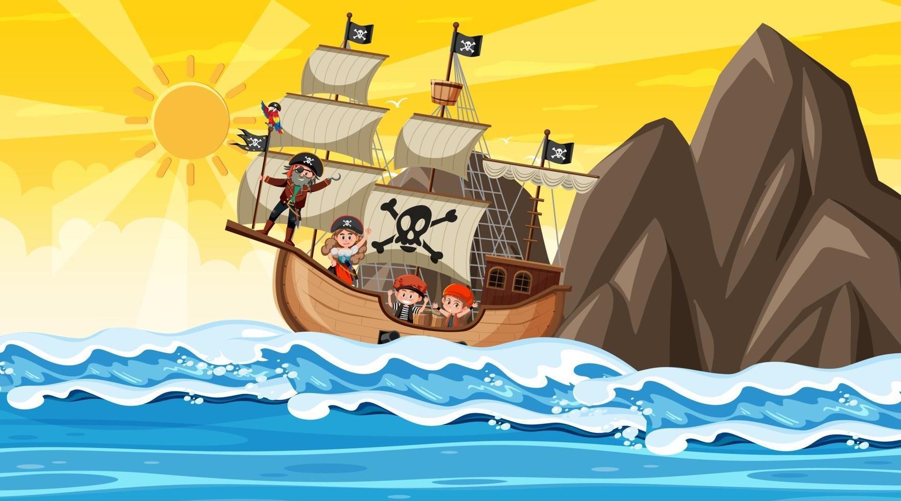 oceaan met piratenschip bij zonsondergangscène in cartoonstijl vector