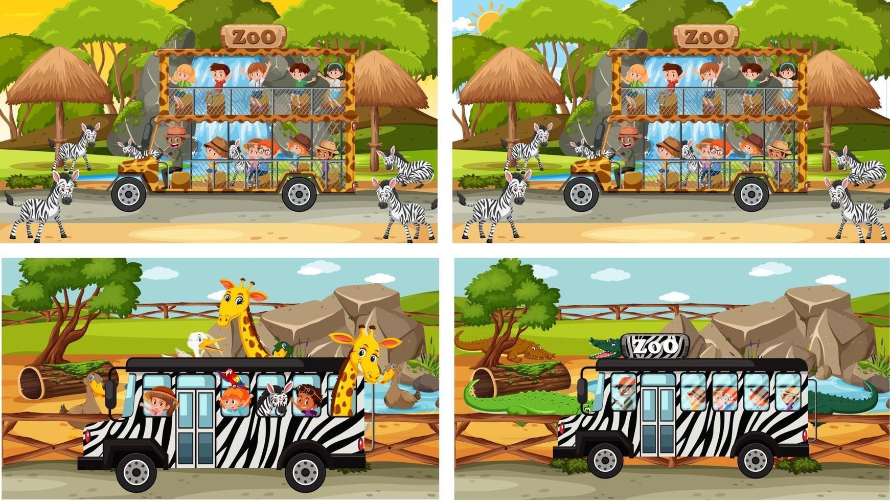 set van verschillende safari-scènes met dieren en kinderen stripfiguur vector