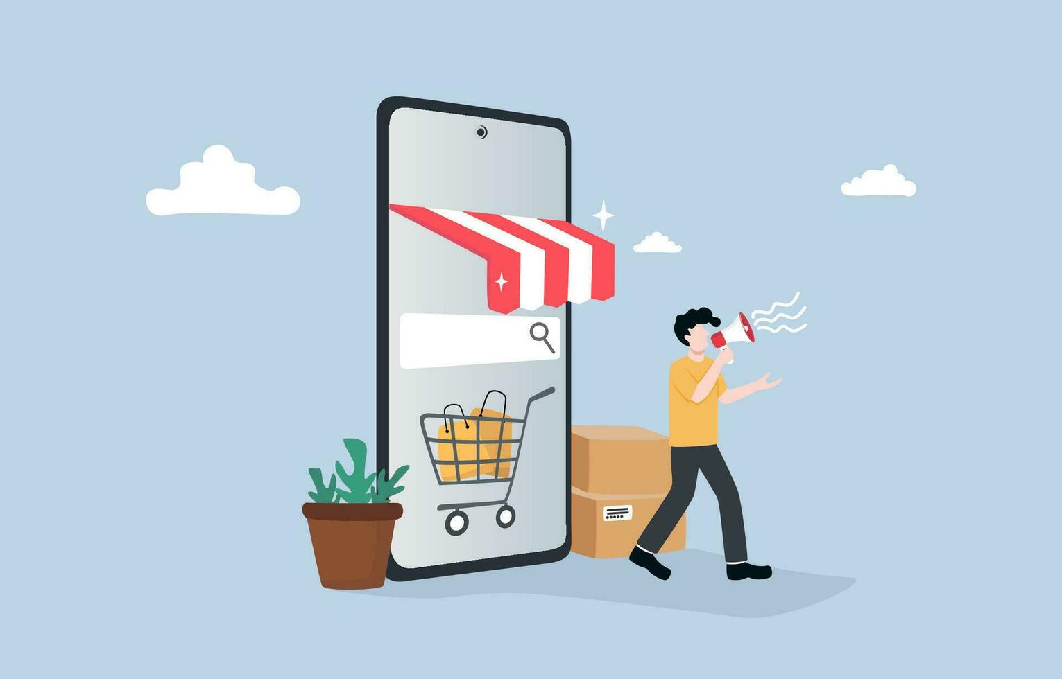 opening online winkel, verkoop Product door e-commerce platform concept, mannetje handelaar Holding megafoon naar maken Aankondiging in de buurt online op te slaan Aan mobiel telefoon. vector