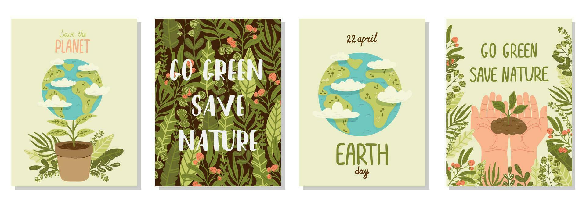 gelukkig aarde dag opslaan natuur. vector eco illustratie verzameling voor sociaal media, poster, banier, kaart, folder Aan de thema van besparing planeet, menselijk handen beschermen aarde