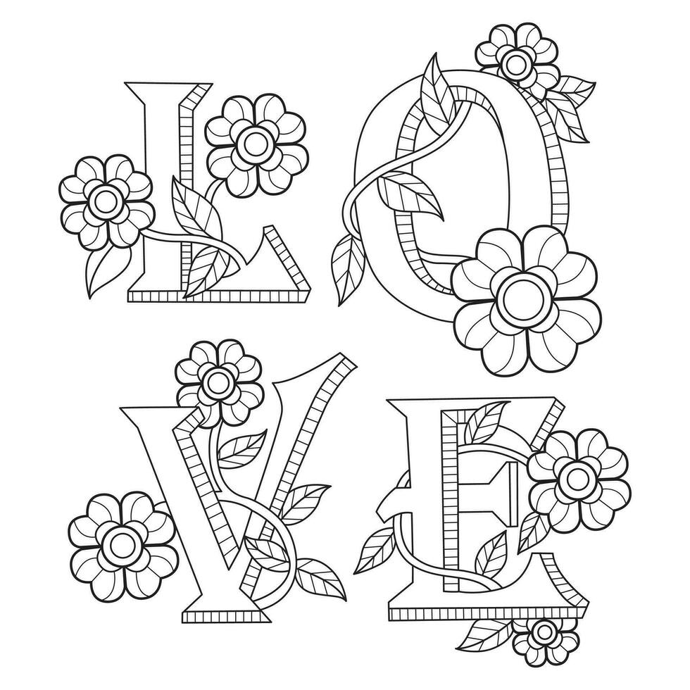 liefde woord in planten en bloemen hand- getrokken voor volwassen kleur boek vector