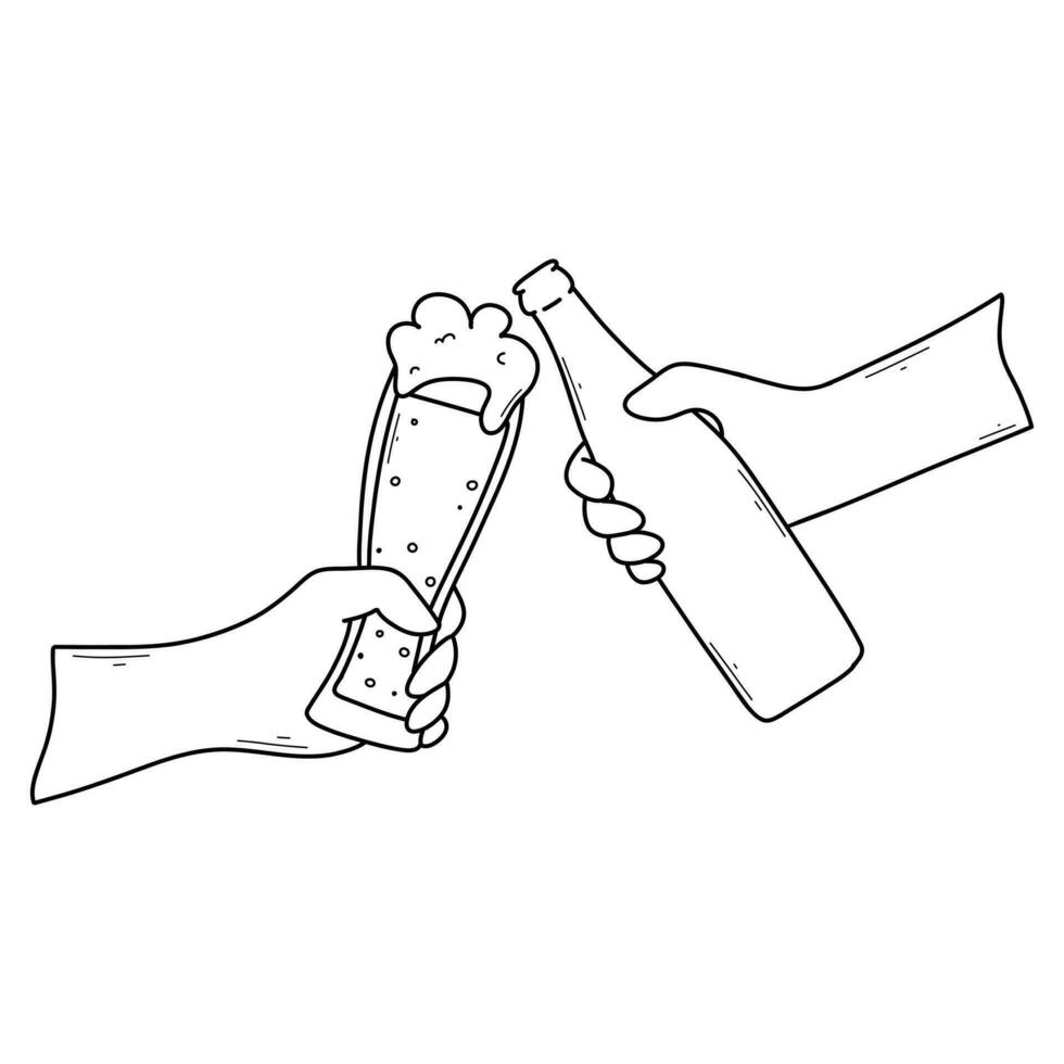 glas van bier in hand. fles van bier in hand. vector illustratie. oktoberfeest viering in tekening stijl.